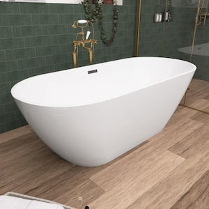55 in. x 28.3 in. Acrylic Soaking Tub Flatbottom Free Standing Bathtub Chrome Anti-Clogging Drain in Glossy White
