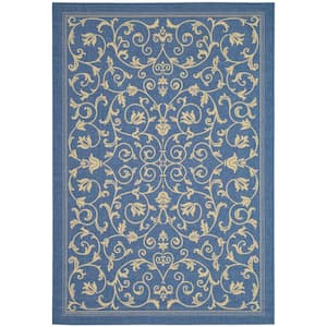 Courtyard Blue/Natural 9 ft. x 12 ft. Border Indoor/Outdoor Patio  Area Rug