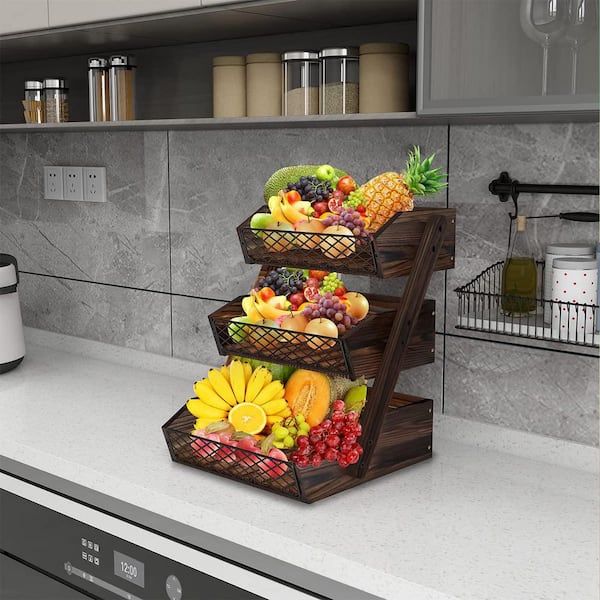 3 Tier Rustic Wooden Fruit Basket, Stackable Countertop Fruit Bowl Vegetable Bread Storage Organizer for Kitchen Counter