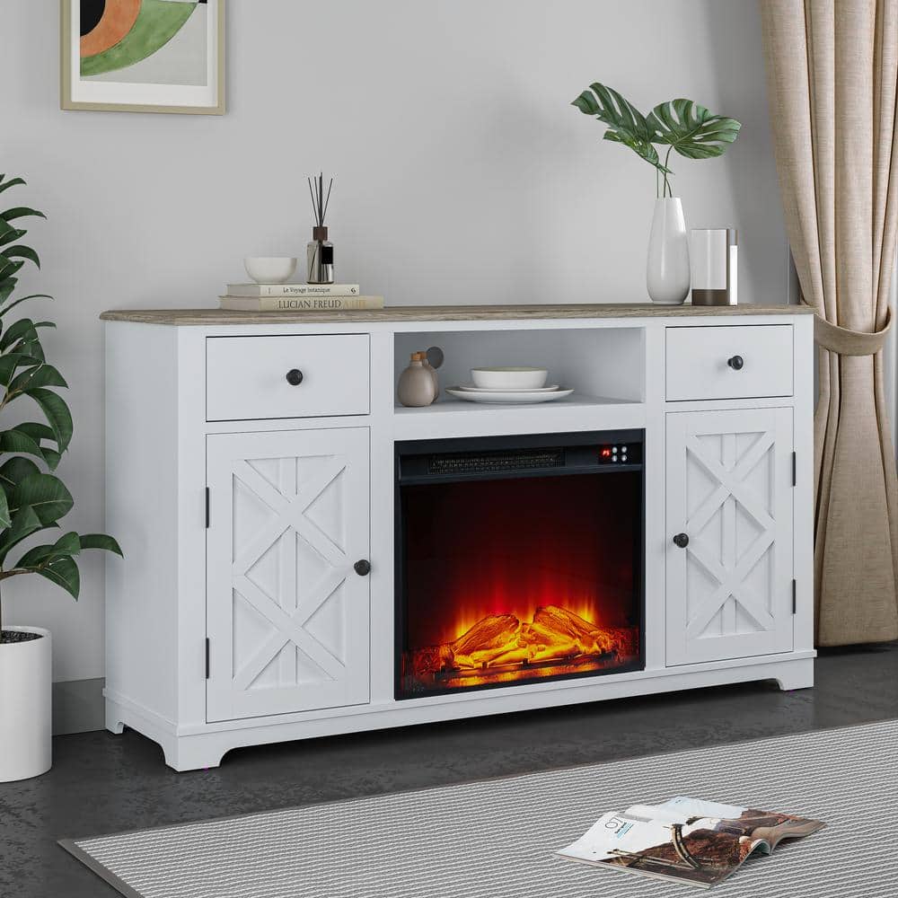 65" Off-White Farmhouse TV Stand with Electric Fireplace