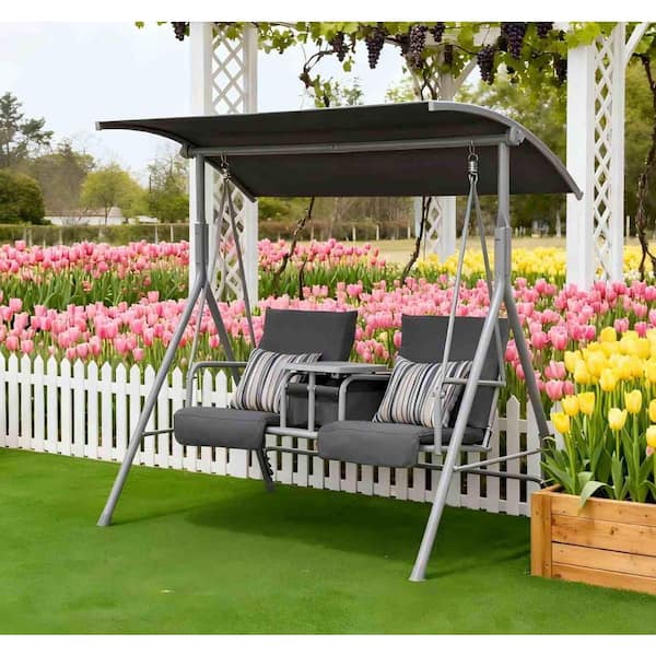 2-Person Gray Metal Patio Swing with Adjustable Canopy, Cushions, Cup Holders and Storage Tray