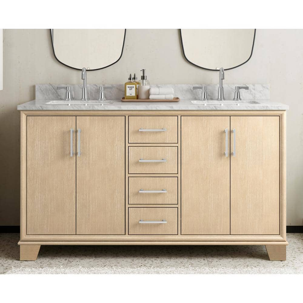 Nanterre 61 in W x 22 in D x 36 in H Double Sink Bath Vanity in Desert Birch With White Marble Top -  Home Decorators Collection, TJ-0440V6122BE