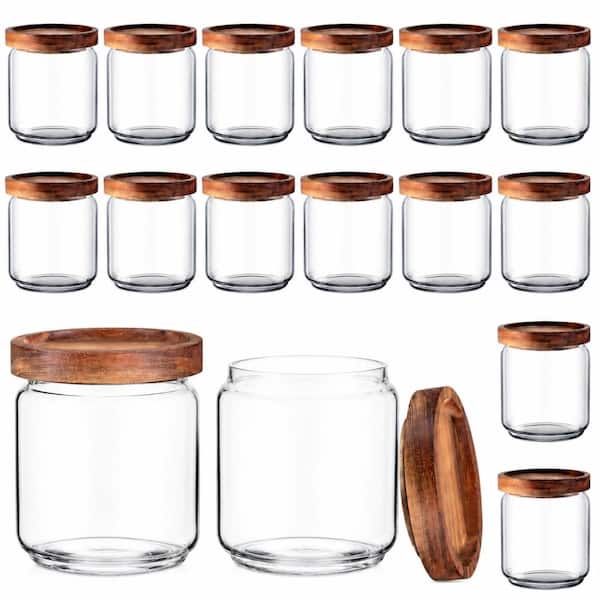 16-Piece Clear Borosilicate Glass Decorative Canister Set, 17 oz Jars with Airtight Wooden Lids