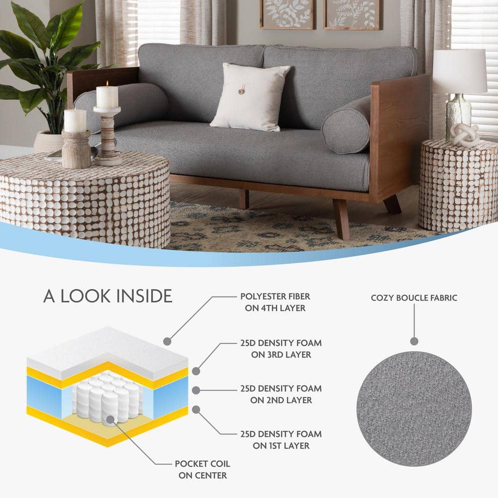 Uriel 72" Grey Boucle Fabric Lawson Sofa with Wood Frame