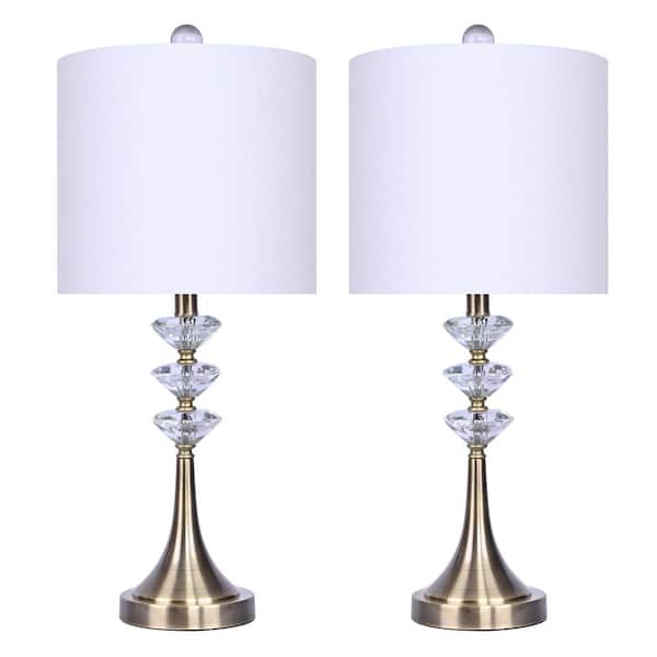 GRANDVIEW GALLERY 25.5 in. Antique Soft Brass Accents Genuine Crystal Lamp with and Off-White Linen Drum Shades (2-Pack)