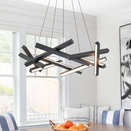 30 in. 10-Light Modern Matte Black Wagon Wheel Integrated LED Chandelier Chandeliers