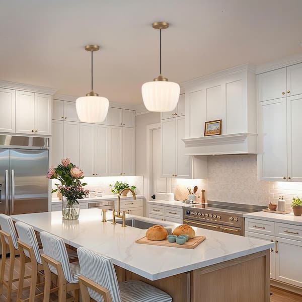 10.4 in. 1-Light Brass Gold Modern Hanging Pendant Light with Opal Textured Glass Shade for Kitchen Island