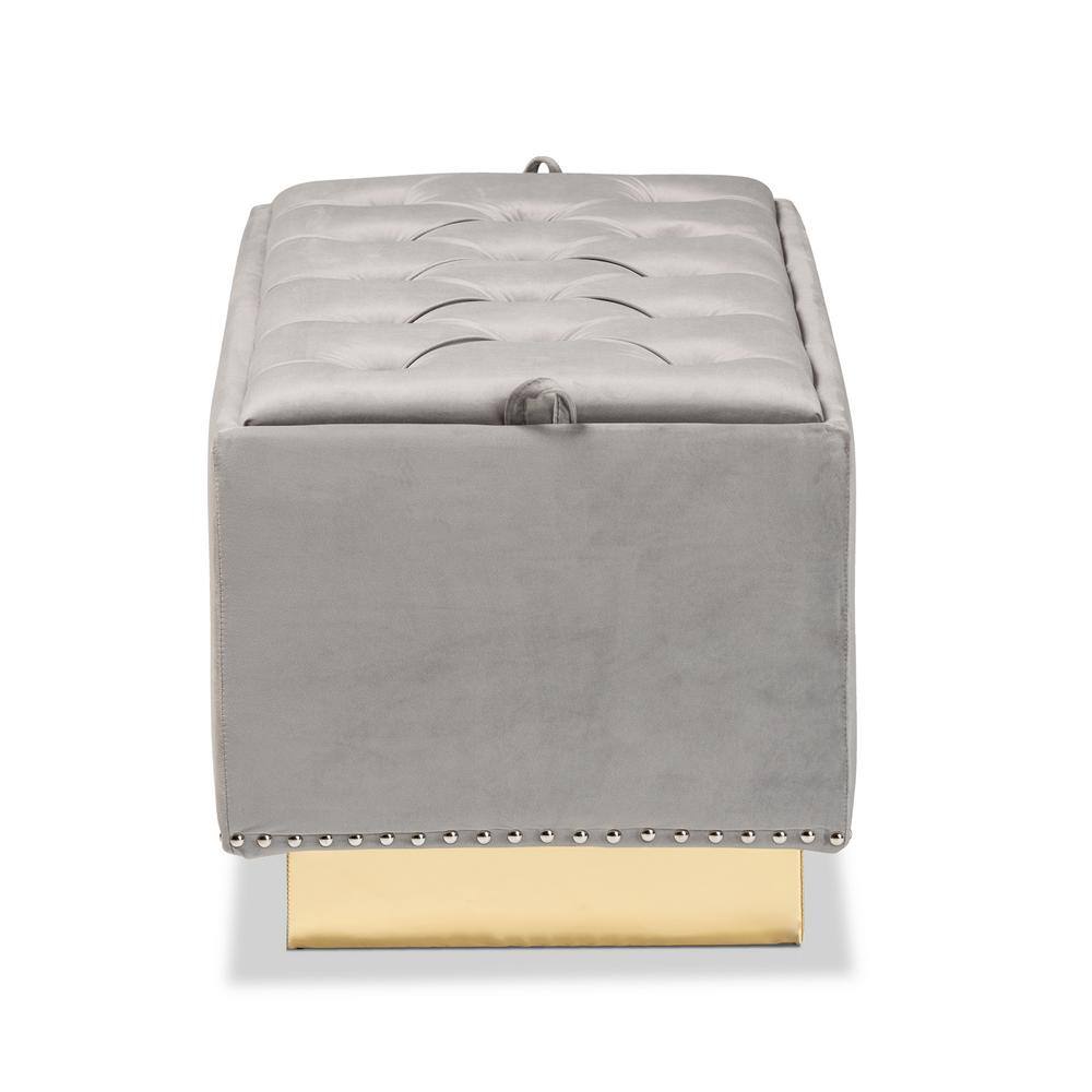 Luxurious Grey Velvet and Gold PU Leather Tufted Storage Ottoman