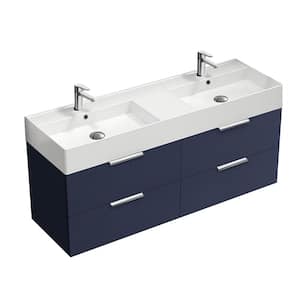 Derin 55.51 in. W x 18.11 in. D x 25.2 in. H Modern Wall Mounted Bathroom Vanity in Night Blue with White Ceramic Top