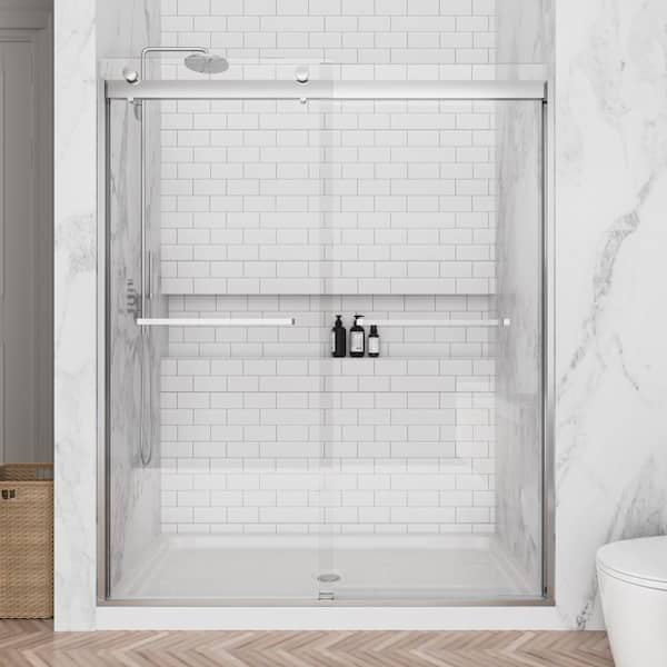 60 in. W x 74 in. H Sliding Frameless Shower Door in Brushed Nickel with 5/16 in. Clear Tempered Glass