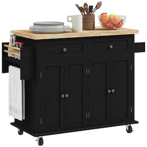 Distressed Black Rubberwood 43.75 in. Kitchen Island with Wheels, Storage and Spice Rack