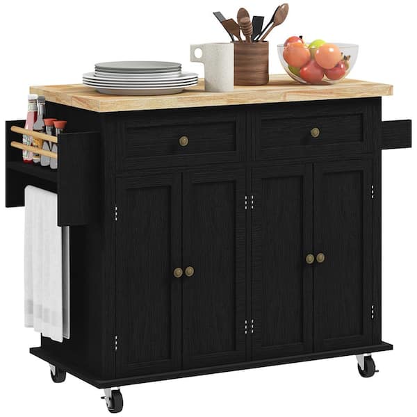 HOMCOM Distressed Black Rubberwood 43.75 in. Kitchen Island with Wheels, Storage and Spice Rack