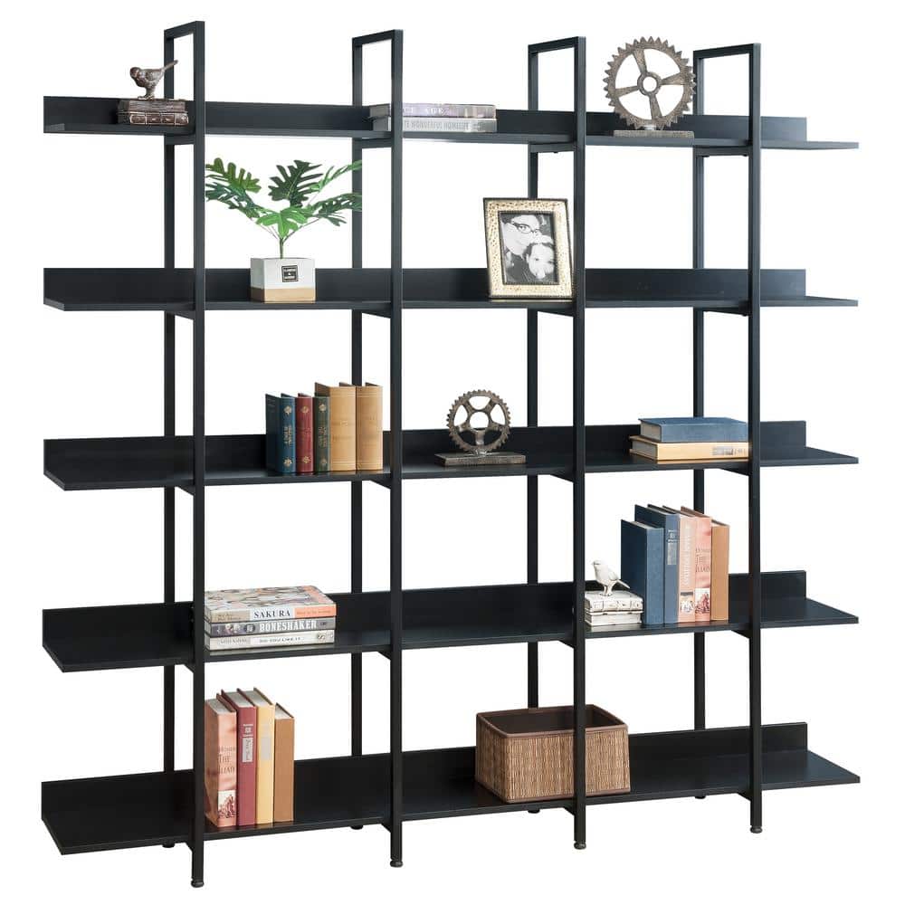Black 70.87 in. Wide 5-Shelf Open Bookcase Display Shelves Metal Frame Book