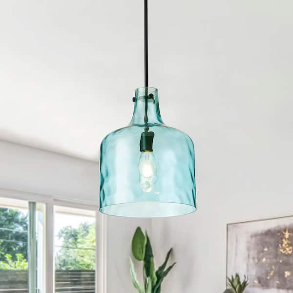 aiwen 11.8 in. 1-Light Black Island Pendant Light Industrial Hanging Light with Blue Glass Shade