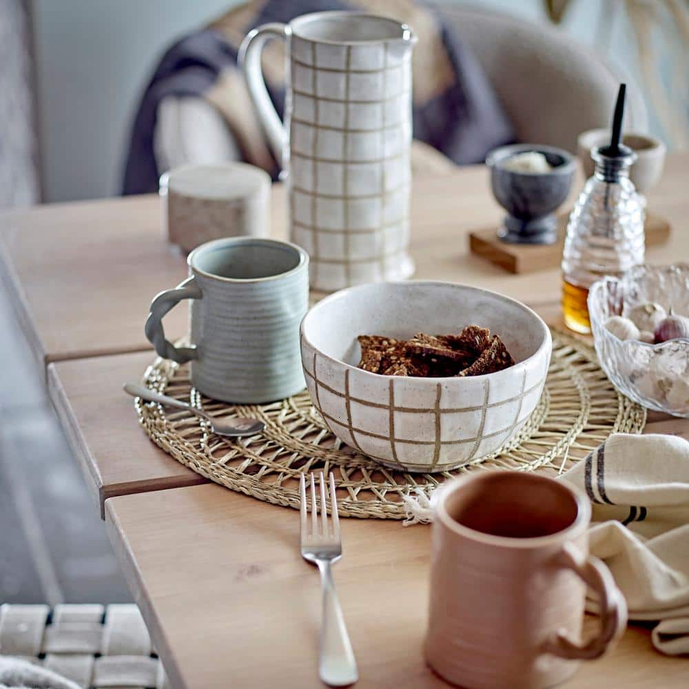 Cream and Brown Stoneware Pitcher with Wax Relief Grid Pattern