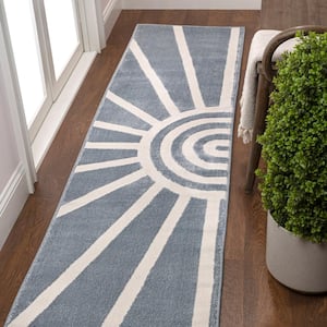 Aelius MidCentury Scandinavian Abstract Sun 2-Tone High-Low Blue/White 2 ft. x 8 ft. Runner Rug