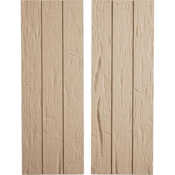 Ekena Millwork 16.5 in. x 30 in. Timberthane Polyurethane 3-Board Joined Board-n-Batten Hand Hewn Faux Wood Shutters, No Batten Pair