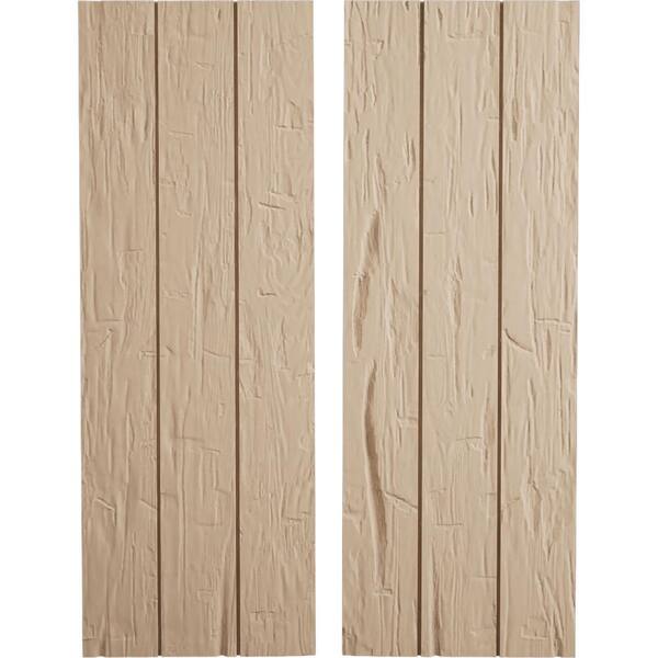 Ekena Millwork 16.5 in. x 32 in. Timberthane Polyurethane 3-Board Joined Board-n-Batten Hand Hewn Faux Wood Shutters, No Batten Pair