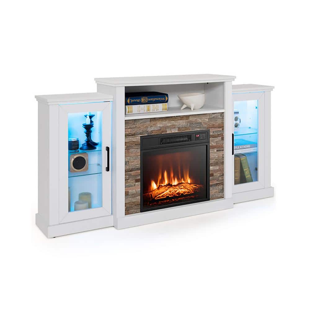 White MDF Fireplace TV Stand with LED Lights and Cabinets