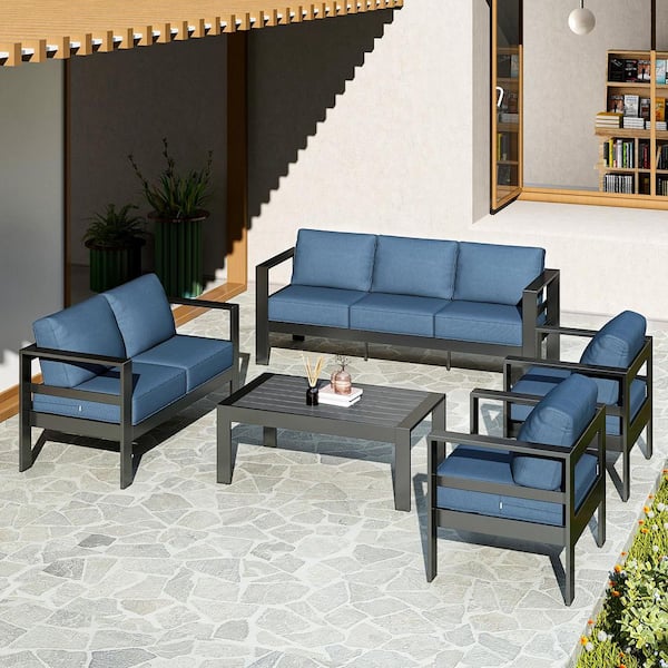 DIGITIME Ocean View 5-Piece Aluminum Patio Conversation Set with Slate Blue Cushions