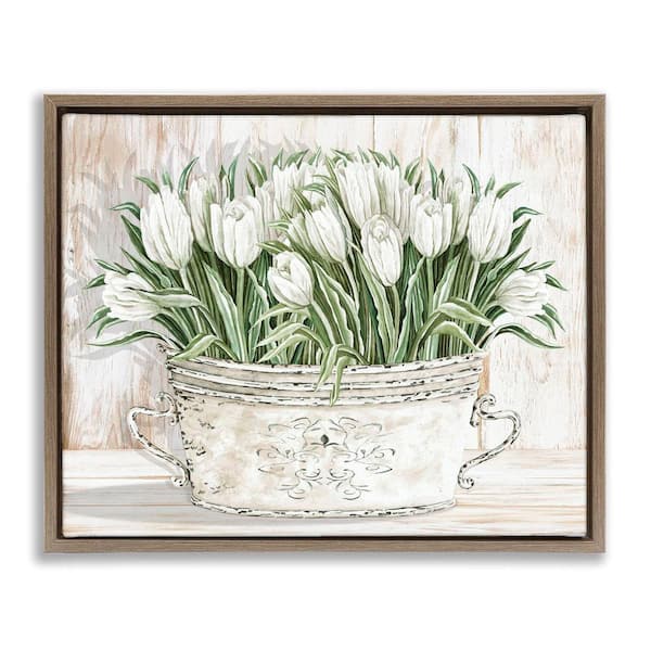 Stupell Industries Fresh White Tulip Flowers Vintage by Cindy Jacobs 1-Piece Brown Floater Frame Nature Graphic Art print 17 in. x 21 in.