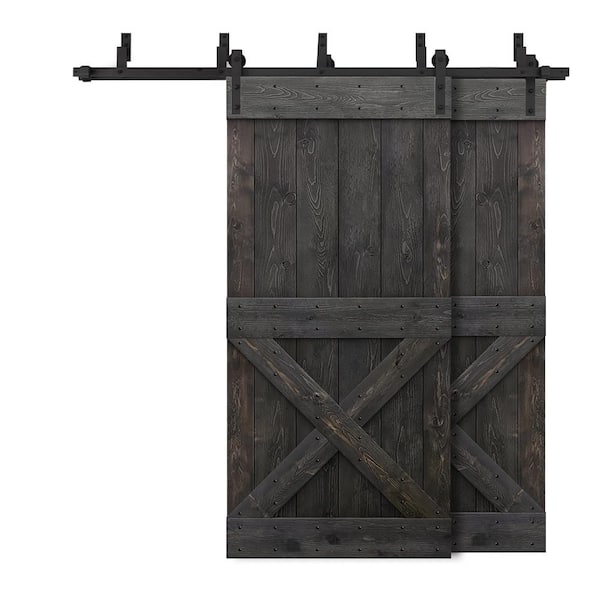 CALHOME 64 in. x 84 in. Mini X Bypass Charcoal Black Stained DIY Solid Wood Interior Double Sliding Barn Door with Hardware Kit