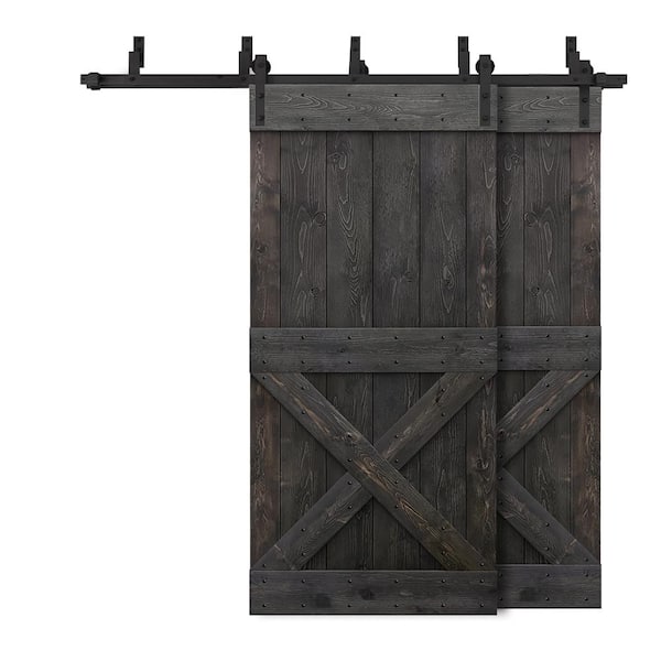 CALHOME 68 in. x 84 in. Mini X-Bypass Charcoal Black Stained DIY Solid Wood Interior Double Sliding Barn Door with Hardware Kit