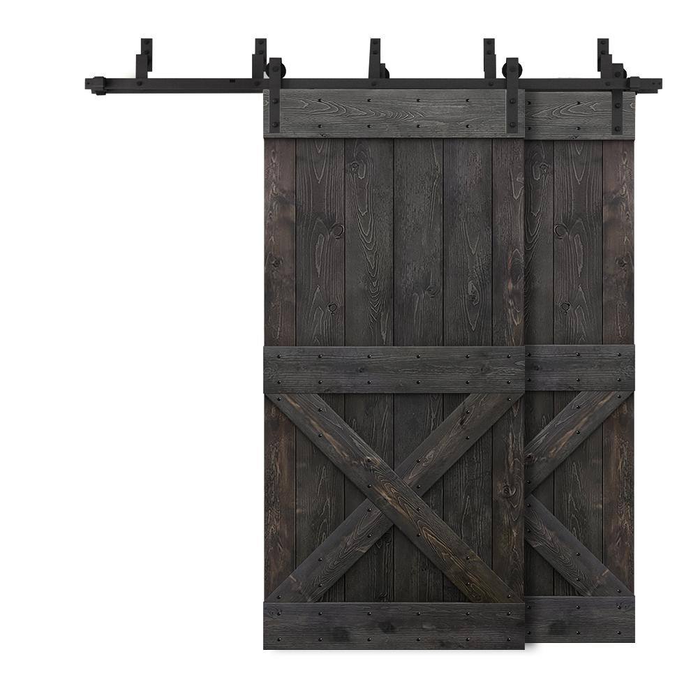CALHOME 96 in. x 84 in. Mini X-Bypass Charcoal Black Stained DIY Solid Wood Interior Double Sliding Barn Door with Hardware Kit -  6BP+MK96+(2)011-48DT