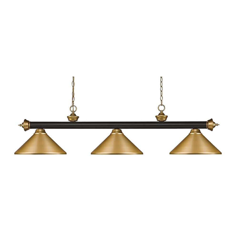 Bronze and Satin Gold 3-Light Billiard Fixture with Metal Shades