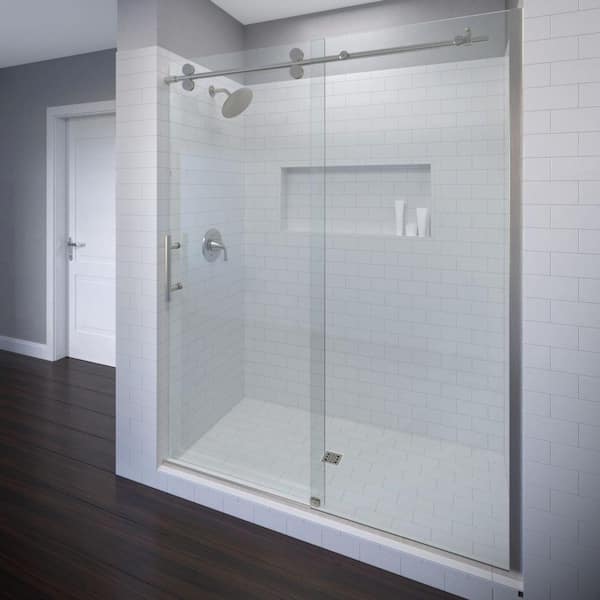 Basco Vinesse Lux 47 in. x 76 in. Semi-Frameless Sliding Shower Door and Fixed Panel in Brushed Nickel