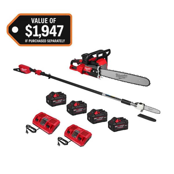 M18 FUEL 18V Brushless Cordless 20 in. Dual Battery Chainsaw Kit w/ Telescoping Pole Saw, (4) 8.0 Ah Batteries, Charger