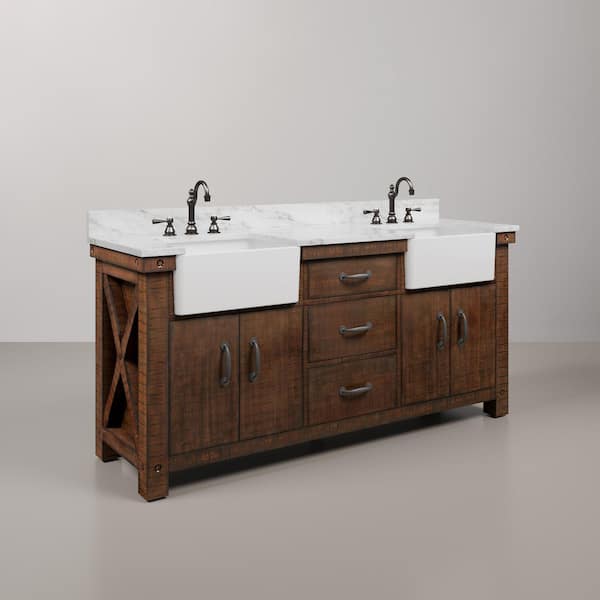 Paisley 72 in. W x 22 in. D Vanity in Rustic Sienna with Marble Vanity Top in White with White Basin, Faucet and Mirror