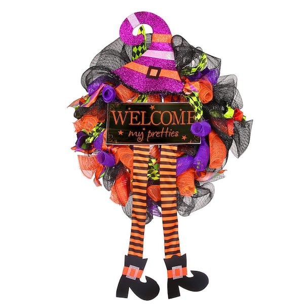 Barton 20 in. W x 4.5 in. D Halloween Wreaths Decoration Sign Hat Leg Front Door Hanging Fall Pumpkin Wreath