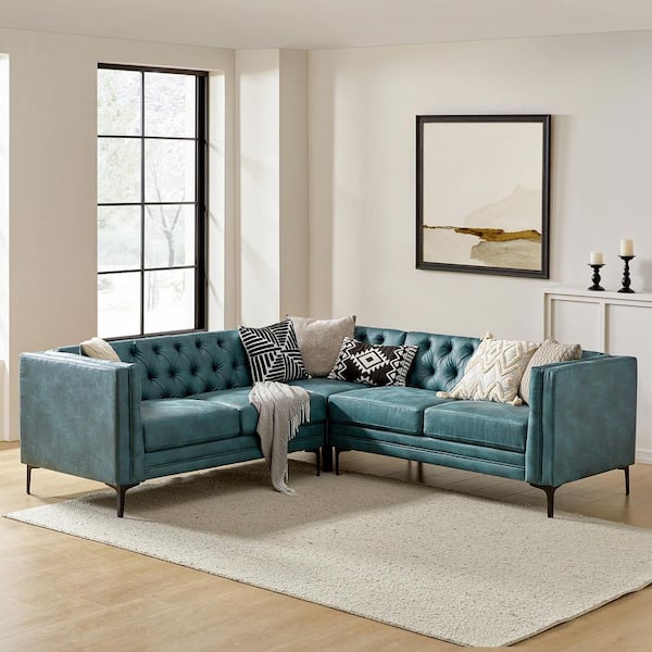 JAYDEN CREATION Oskar Transitional 90 in. Wide in Square Arm Faux Leather Tufted Upholstered Rectangle Corner Sectional Sofa in Blue