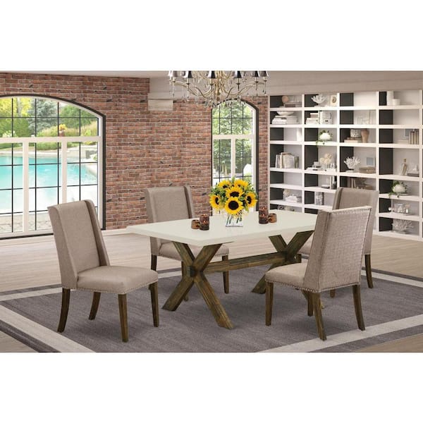 East West Furniture 5-Piece Rectangle Distressed Jacobean Finish Solid Wood Top Dining Table with 4 Upholstered-Chairs with Lattice Back