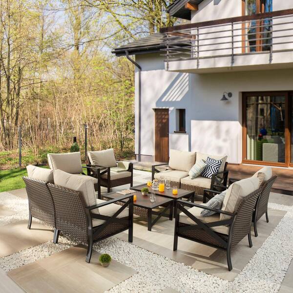 Patio Festival X-Arm 10-Pieces Wicker Conversation Set with Beige Cushions