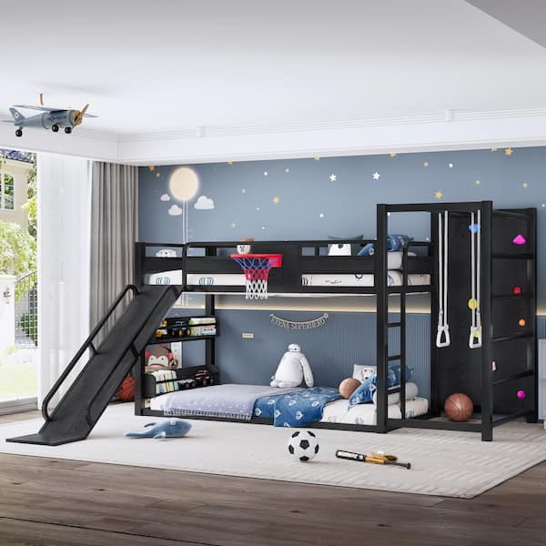 Black MDF,Metal Twin XL over Twin XL Bunk Bed with Basketball Hoop