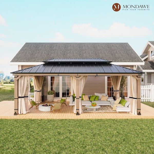 Beverly Hills 12 ft. x 20 ft. Cedar Wood Frame Outdoor Galvanized Steel Double Hardtop Gazebo with Netting and Curtains
