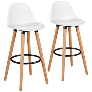 36.5 in. Mid Century Barstool Wood Low Back Dining Pub Chair with Leather Padded-Seat White (Set of 2)