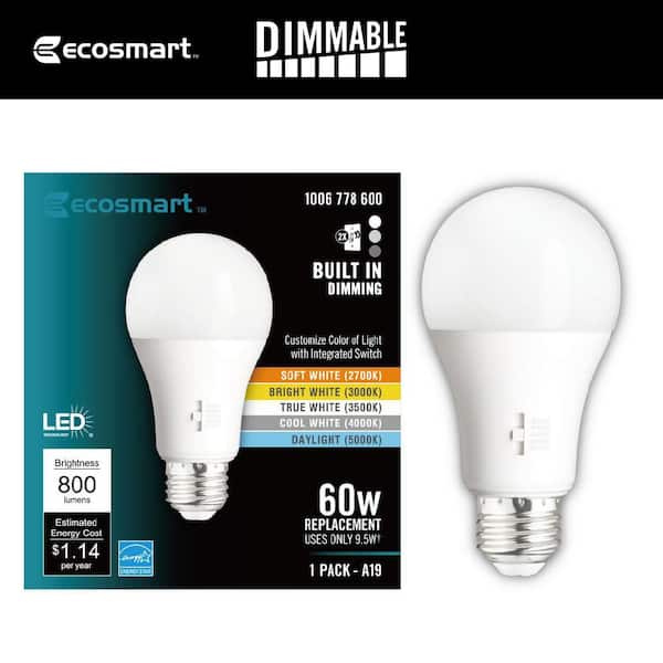 60-Watt Equivalent A19 E26 Base CEC Built in Dimming LED Light Bulb with Selectable Color Temperature (1-Pack)