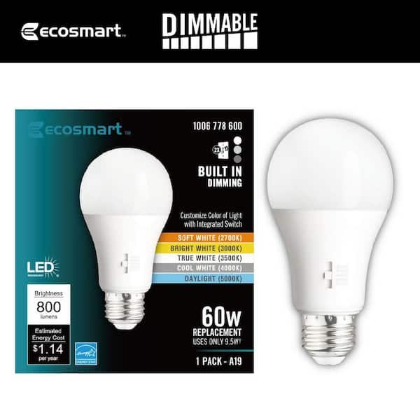 60-Watt Equivalent A19 CEC Built in Dimming LED Light Bulb with Selectable Color Temperature (1-Pack)