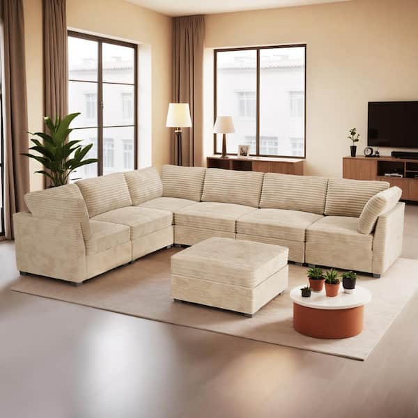Allwex 130 in. Square Arm Modern 7-Piece Plush Corduroy L-Shape Free Combination Modular Sectional Sofa in Beige with Ottoman