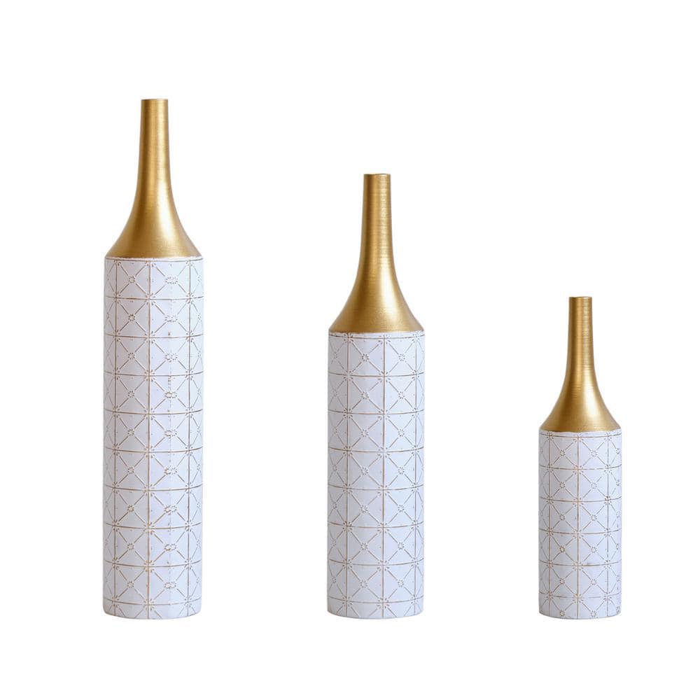 34 in. Gorgeous White Gold Floor Large Glazed Metal Cylinder Decorated Vase