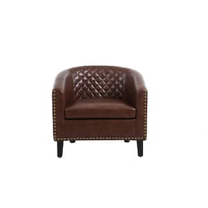 Brown Modern PU Leather Upholstered Accent Barrel Chair with Nailheads and Solid Wood Legs
