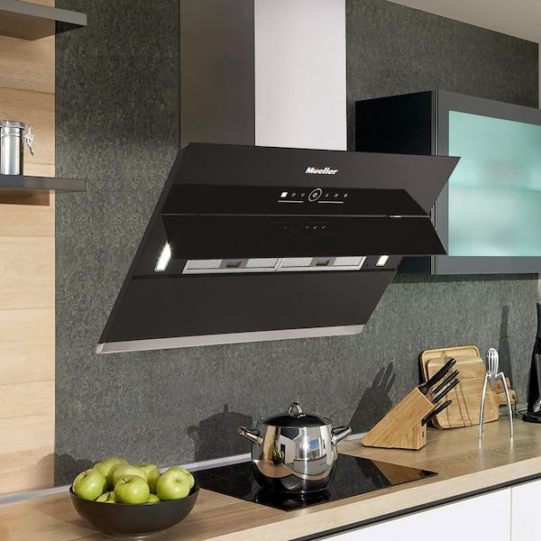 36 in. Deluxe 900CFM Wall Mount Range Hood, Open-Close Black Tempered Glass Panel, LED Touch Control, Permanent Filters