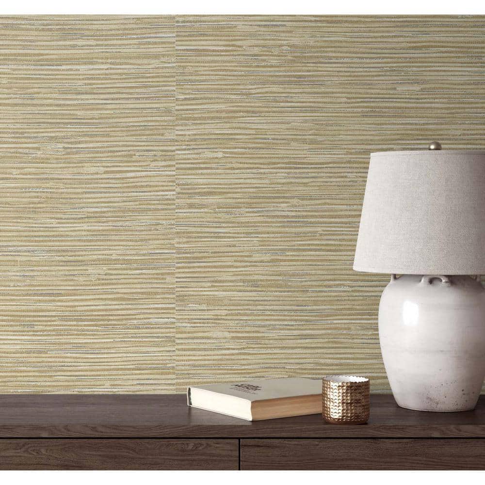 Khaki and Metallic Silver Faux Grasscloth Peel and Stick Wallpaper