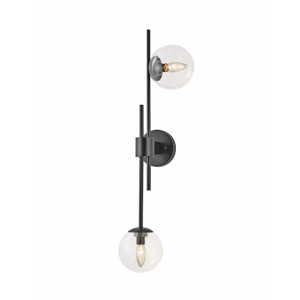 KAWOTI 30 in. 2-Light Black Wall Sconces with Clear Round Glass Shades