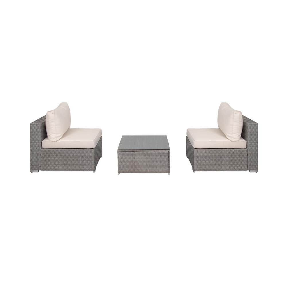 Gray Rattan 3-Piece Outdoor Sofa Set with Ivory Cushions