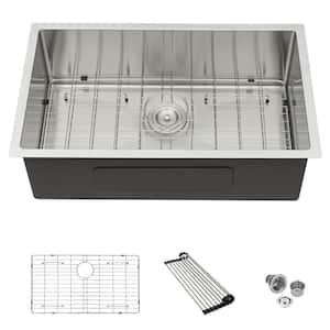 Brushed Nickel Stainless Steel 32 in. Single Bowl Drop-in Kitchen Sink with Stainless Steel Dish Grid