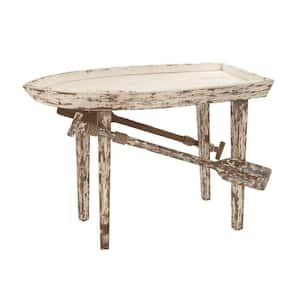 23 in. White Distressed Boat Shaped Tray Top Extra Large Rectangle Wood End Accent Table with Oar Detailed Legs